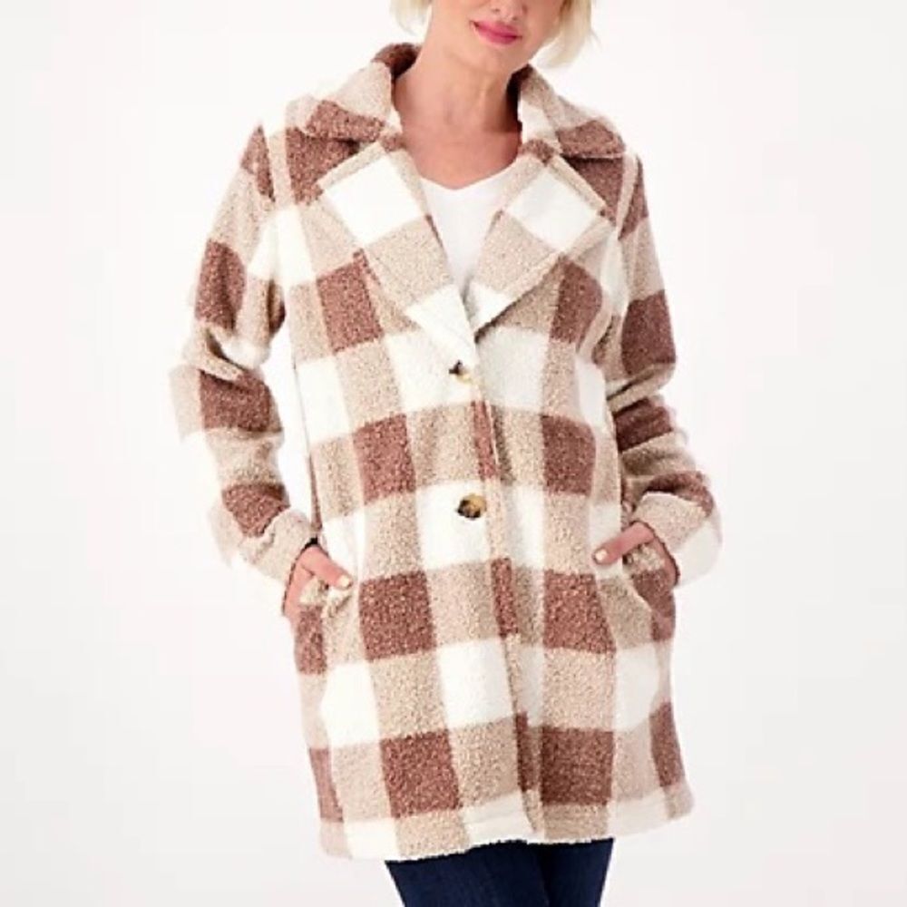 Joan Rivers Petite Buffalo Check Sherpa Teddy Coat